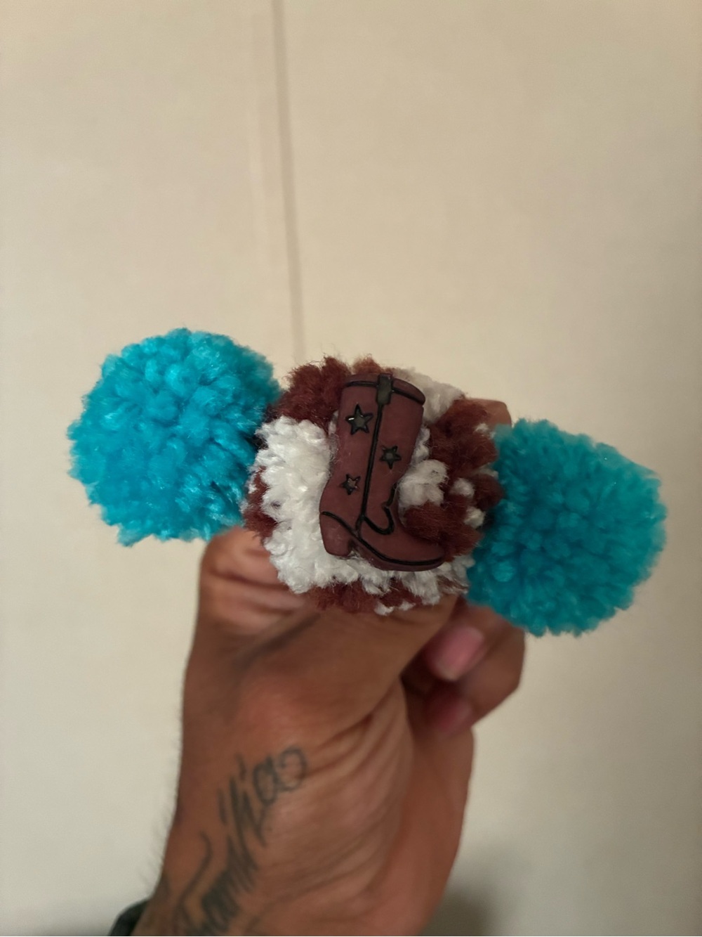 Brown and Turquoise Pom Pom Kids Hair Tie with Cowboy Boot Charm